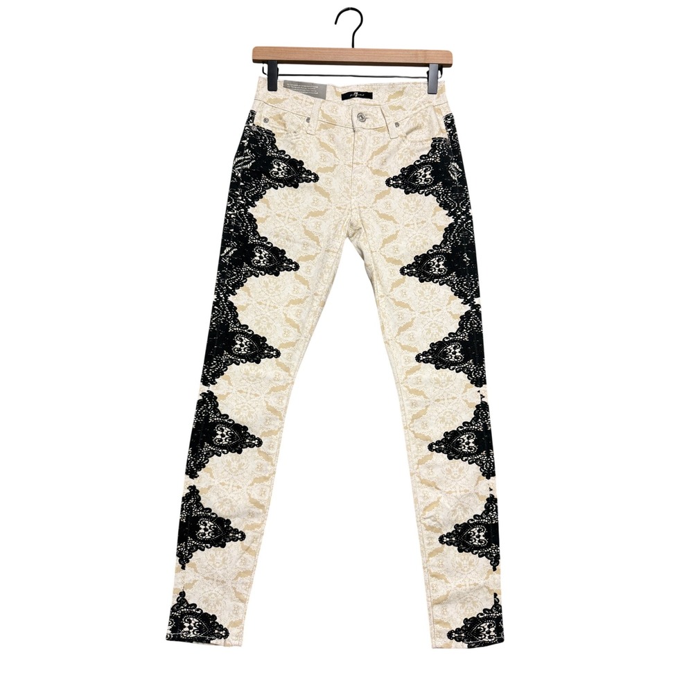 7 For All Mankind The Skinny Jeans Women 26 Cream Black Lace Damask Baroque Chic